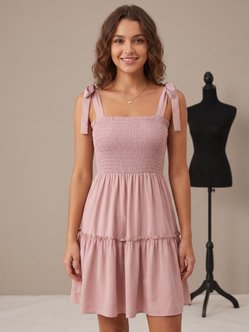 NWOT | Rose Pink Smocked Tiered Mini Dress Tie Shoulder Ruffle Hem | Small